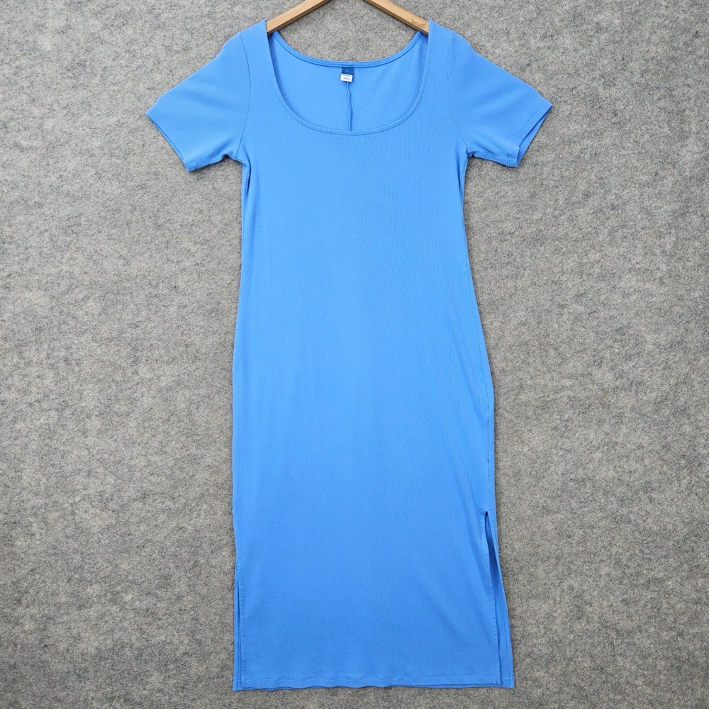Old Navy Column Dress Women's Large Blue Ribbed Short Sleeve Scoop Neck Stretch